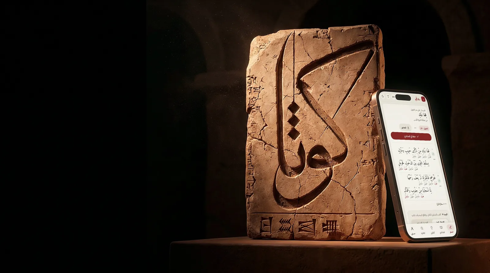 Kutha’s calligraphic mark carved into a clay tablet, lit by warm light at night, with Diwani open on a phone beside it