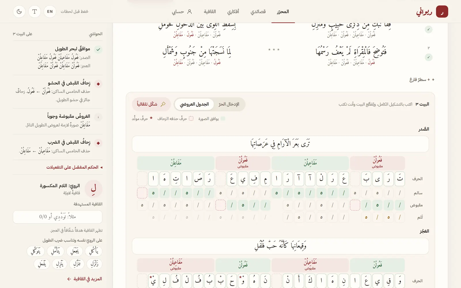 Prosody-table mode: the letters of a verse laid out in their feet, with the matching form highlighted