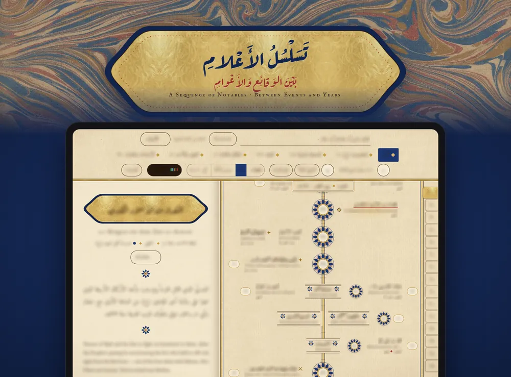 The Aʿlām Timeline on iPad: its marbled-paper title cartouche above a two-page spread, with the text blurred for the client’s privacy
